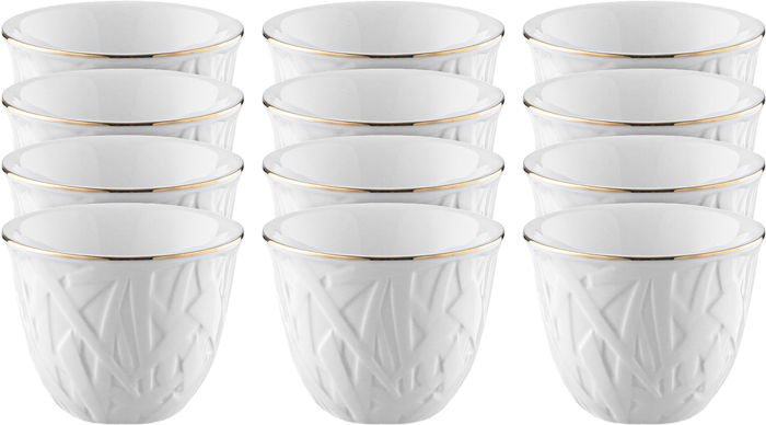 Al Saif Gallery Porcelain Arabic Coffee Cups Set, 12 Pieces, 90 ml, Engraved - White product image 1