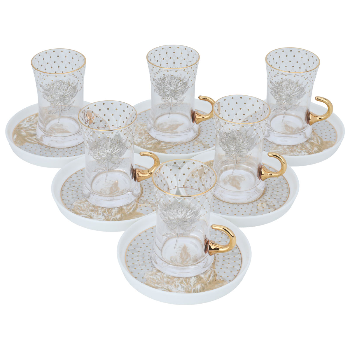 Al Saif Gallery glass tea set with porcelain plate, 12 pieces, rose pattern - transparent gold product image 2
