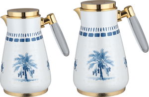 طقم ترامس الواحة السيف غاليري، 0.75 / 1 لتر، 2 قطعة، حافظة داخلية زجاج، هيكل خارجي أستيل، ضغاط، يد شفاف - أبيض لؤلؤي أزرق product image