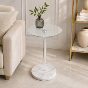 طاولة خدمة مفرد زجاج، 55×35×35 سم، قاعدة رخام دائري، رافعة أكرليك - أبيض product image