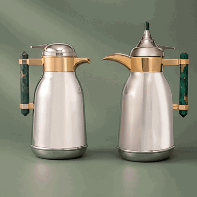 Al Saif Gallery Shahd stainless steel thermos set, 1 liter, green marble handle, two pieces - silver product image 1