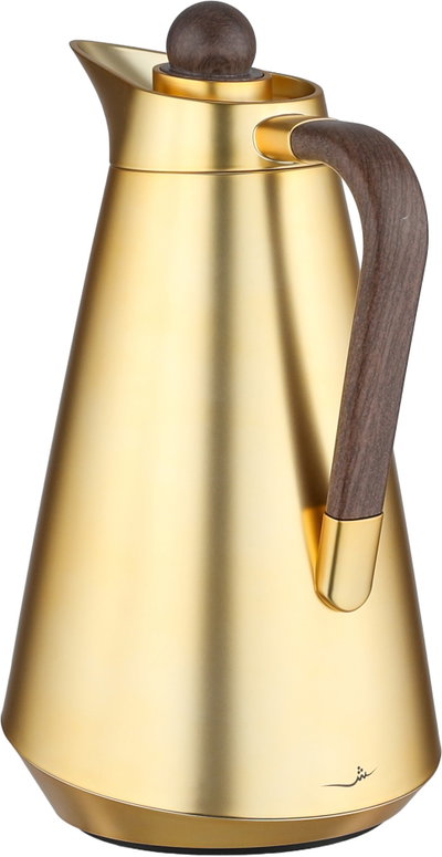 Al Saif Gallery Tarif Thermos Set, 1/0.7 Liter, Glass Interior, 2 Pieces, Dark Wooden Handle, Push-Button Lid - Gold product image 4