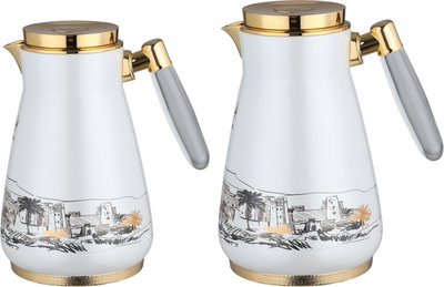 AsalAl Saif Gallery Thermos Set, 0.75/1 Liter, 2 Pieces, Glass Inner Container, Stainless Steel Outer Body, Push Button, Transparent Handle - Pearl White Gold product image 2
