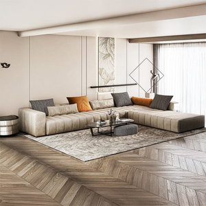 Modern L-shaped Swedish wood sofa, 340 x 230 cm, velvet fabric - beige product image