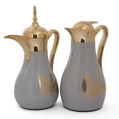 Al Saif Gallery thermos set, 0.7/1 liter, 2 pieces, thermal glass inner shell, stainless steel outer shell - golden gray product image 1