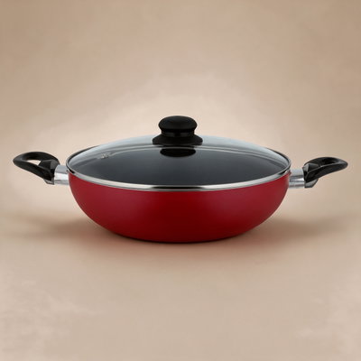 مقلاة تيفلون مستر كوك، 32 سم، عميقة، بيدين اسود، غطاء زجاج- احمر product image 1