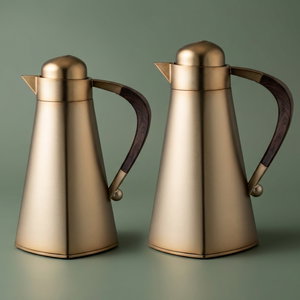 Al Saif Gallery Al Yamamah Thermos Set, 2 Pieces, 0.7/1 Liter, Glass Inner Material, Wooden Handle, Press Lid - Bronze product image