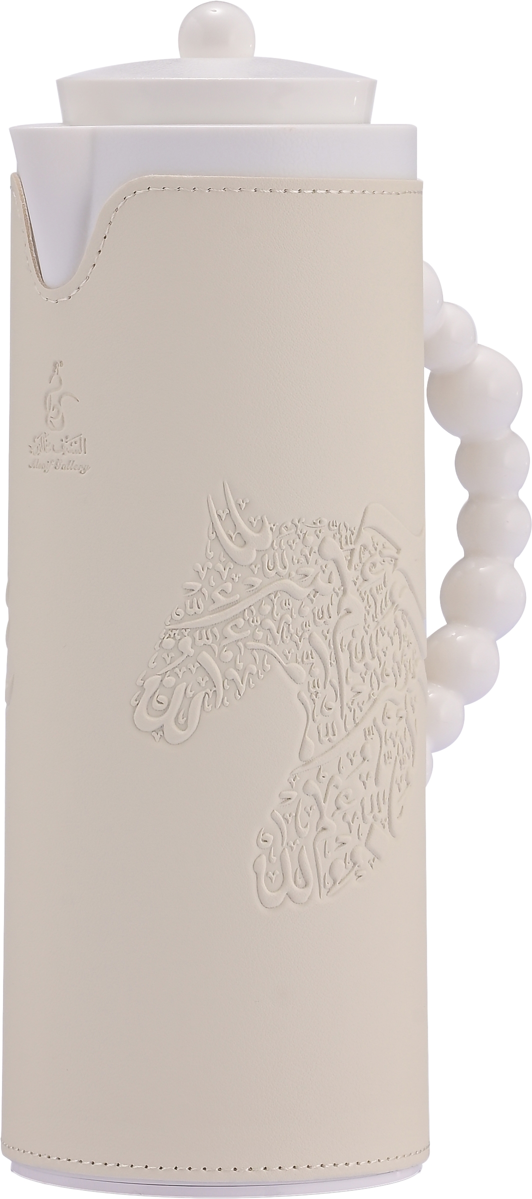 Al Saif Gallery Royal 7T thermos, 1 liter, leather covered, horse engraving, glass inner case, plastic outer case - white product image