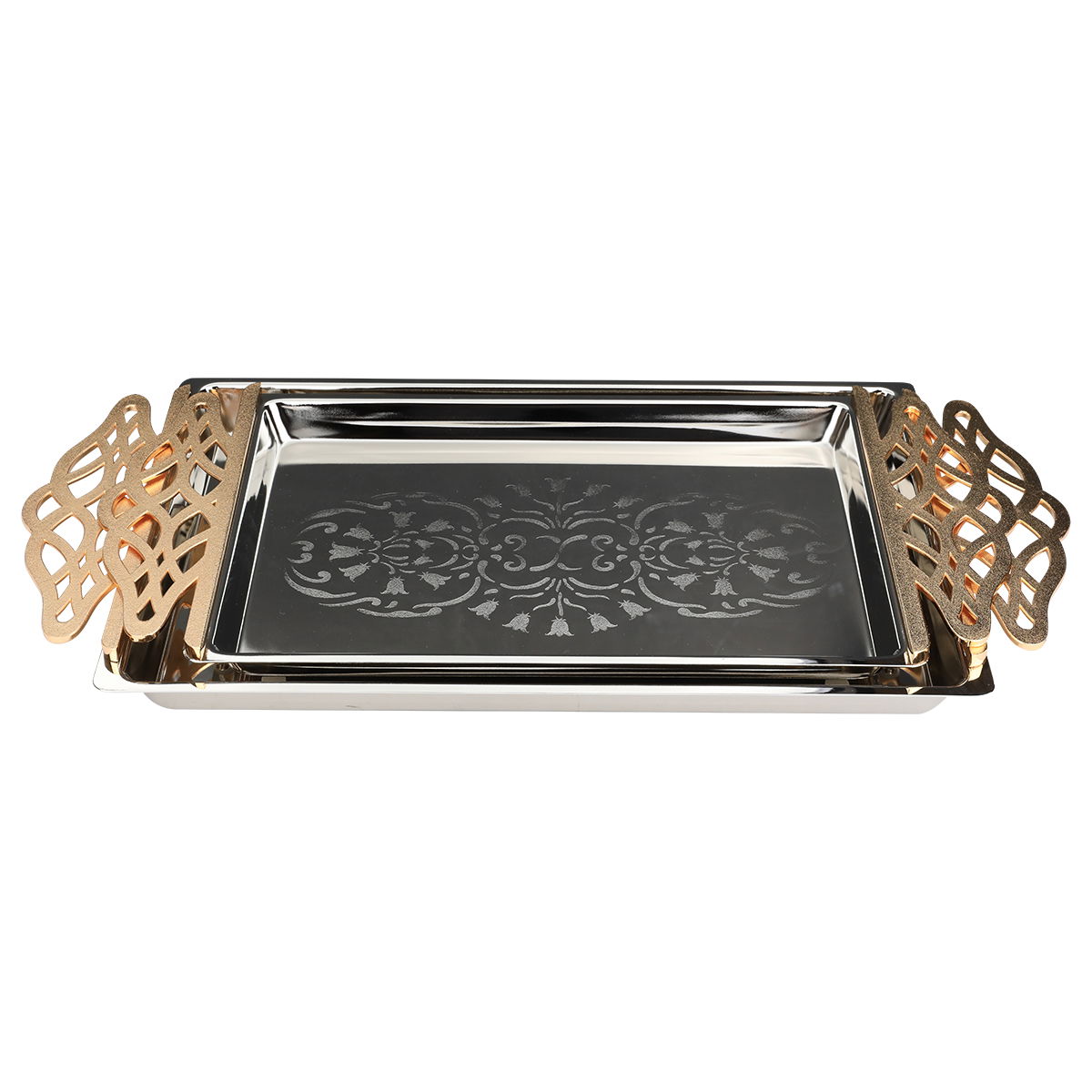 Al Saif Gallery steel tray set with a gold handle, two pieces, rectangular, engraved - silver product image