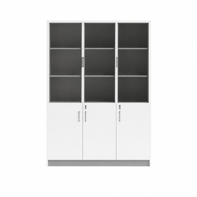 OW-11 MDF wood storage and display cabinet, 200×120×40 cm, 6 doors, 3 glass top doors, 3 wooden bottom doors with key lock, metal handles - white-grey product image 2