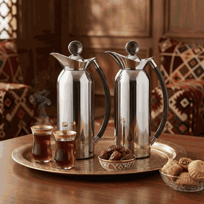 Al Saif Gallery Al Thuraya Thermos Set, 2 Pieces, 1/1 Liter, glass interior, black handle, push-button lid - silver product image 11