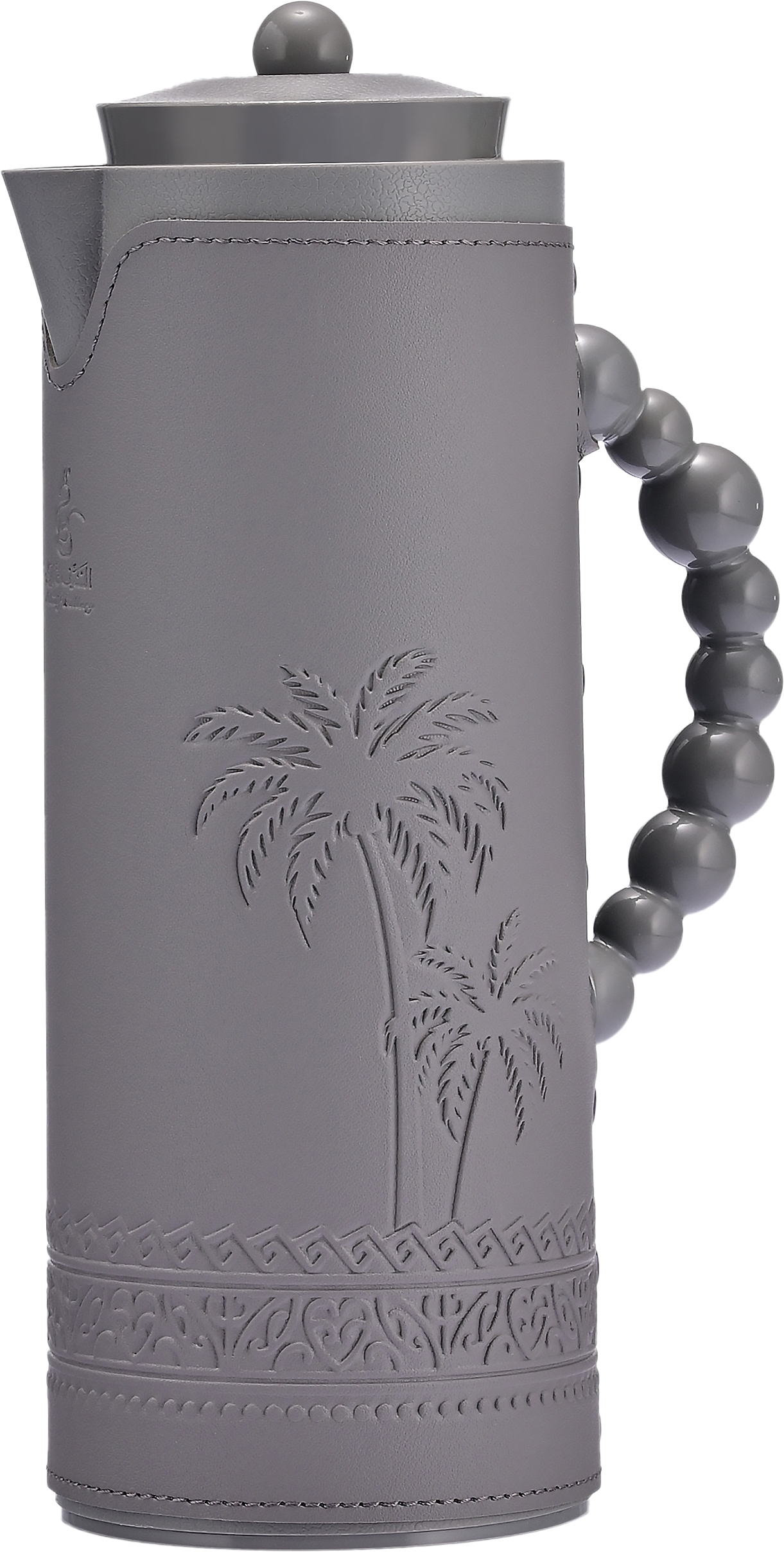 Al Saif Gallery Royal 7T thermos, 1 liter, leather covered, palm pattern, glass inner case, plastic outer case - dark gray product image 1