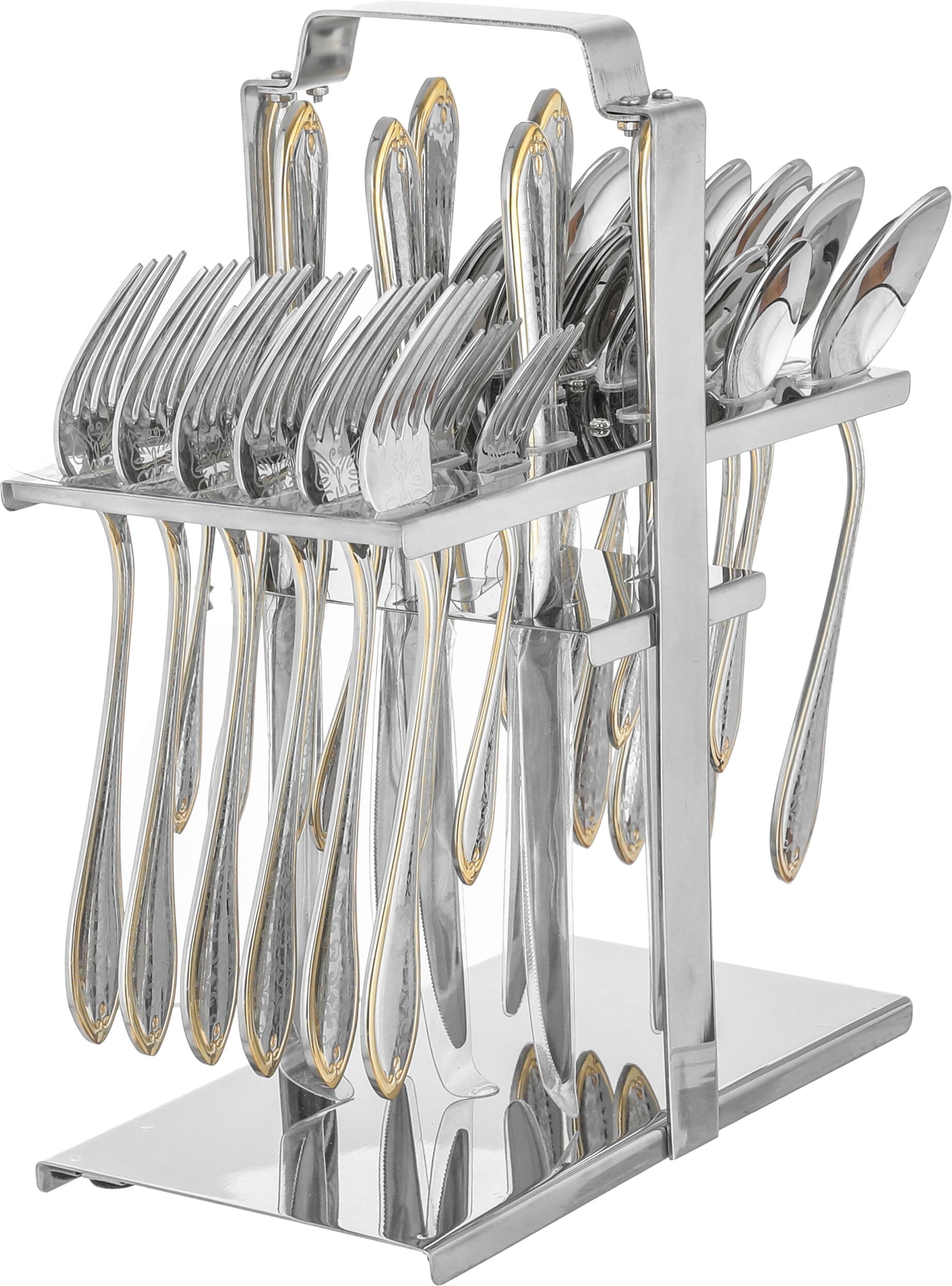 Al Saif Gallery steel spoon set, engraved, stand, 30 pieces - gold product image 1