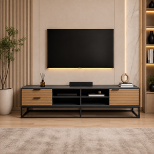 طاولة تلفزيون، 50×200×40 سم، خشب MDF، إطار معدن، أدراج - بني فاتح خشبي product image