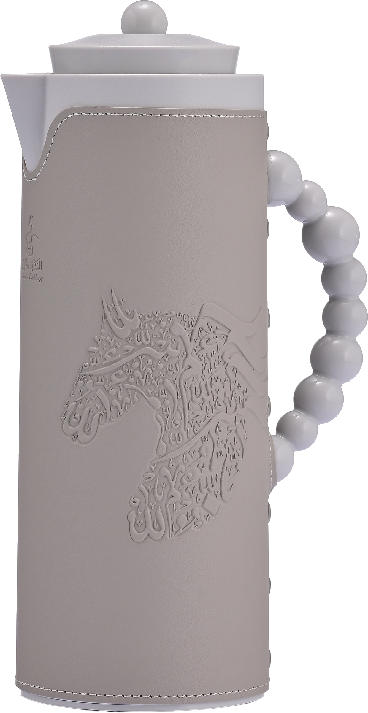 Al Saif Gallery Royal 7T thermos, 1 liter, leather covered, horse pattern, glass inner case, plastic outer shell - light gray product image