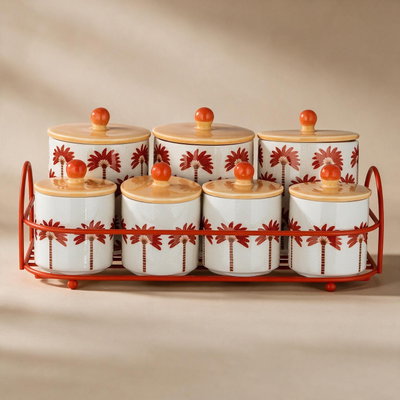 Al Saif Gallery Porcelain Spice Jar Set, Metal Stand, 7 Pieces, Lids - White and Colored product image 1