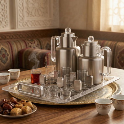 Al Saif Gallery Ronaq Thermos Set, 21 Pieces, 1/0.5 Liter, Teas with Saucers, Coffee Cups, Tray, Transparent Handle - Silver product image 9