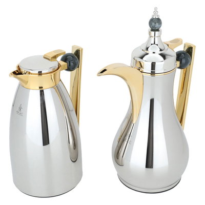 AlaaAl Saif Gallery Thermos Set, 1/1 liter, 2 pieces, thermal glass inner case, gray marble handle, pressure - silver product image 3