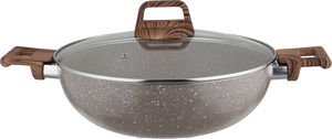 Rocky Granite Frying Pan, 30cm, Deep, Wooden Handles, Glass Lid - Brown product image 2