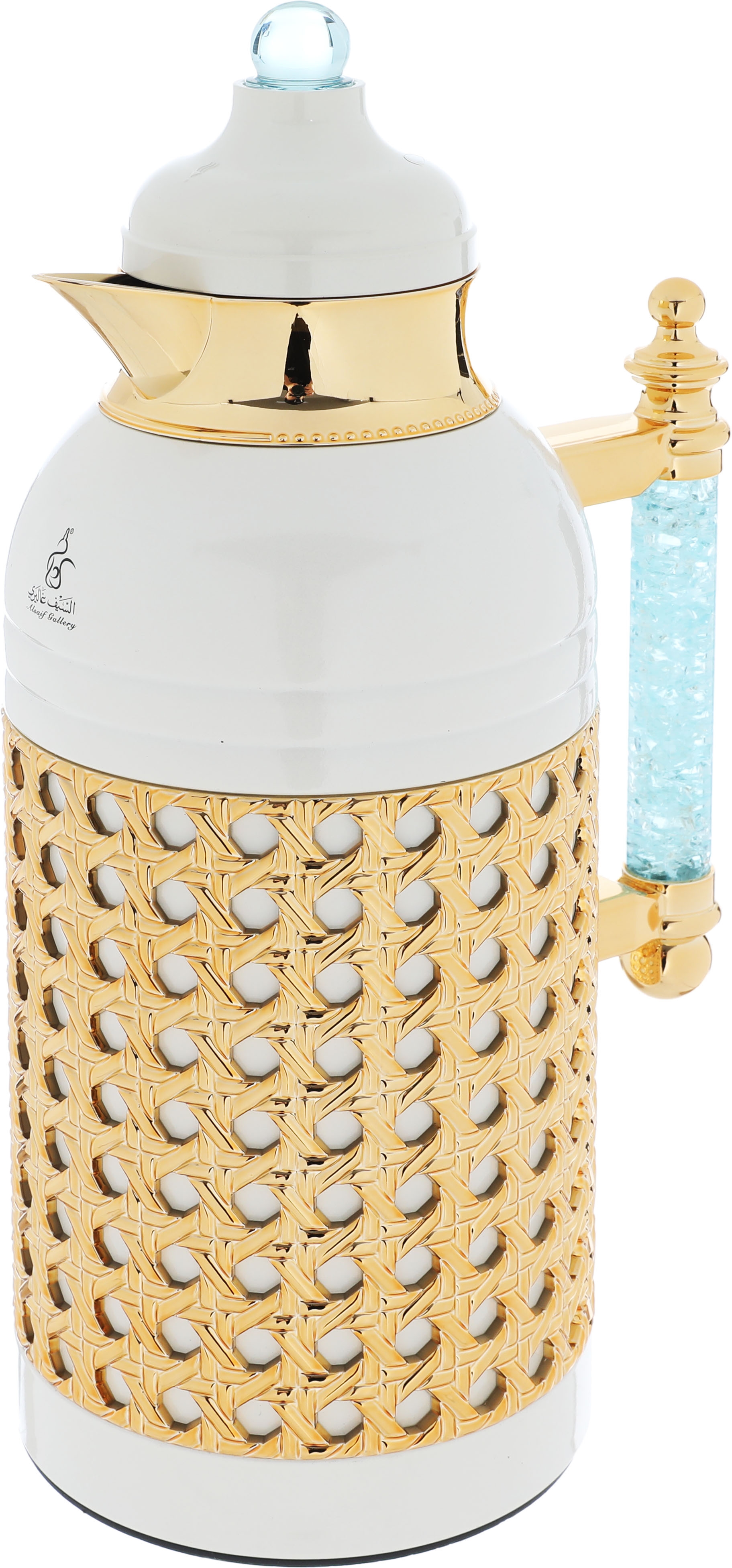 Al Saif Gallery Sarah thermos set, 1 liter, crystal handle, thermal glass inner case, steel outer case - white and golden product image 4