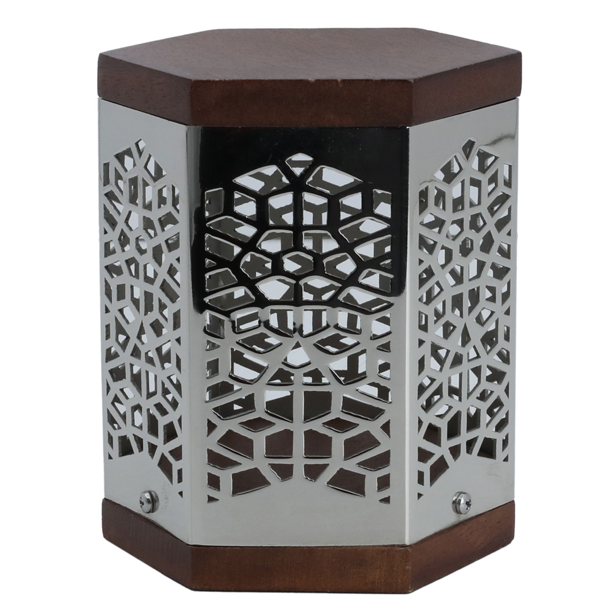 شمعدان استيل بغطاء خشبي السيف غاليري، 9×9×12 سم، منقوش - فضي product image 1
