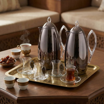 Al Saif Gallery Al Ola Thermos Set, 21 Pieces, with Serving Tray, Tea & Coffee Cups - Glossy Black product image 12
