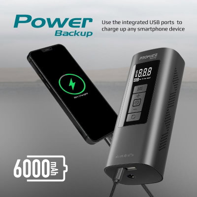 Promate Tire Inflator, 25 L/min Airflow, LED Light, 150 lbs, 6000 mAh Battery, LCD Display - Black product image 4