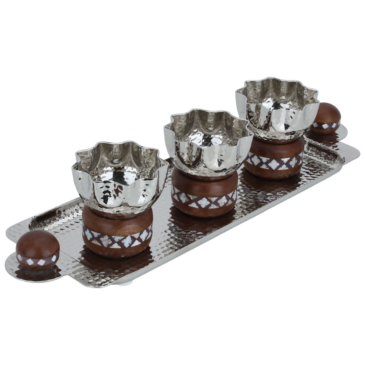 Al Saif Gallery Steel Bowl set, with wooden base, with serving tray, 4 pieces - Silver product image 2