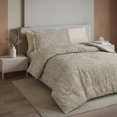 طقم لحاف سرير مشجر كوين مايكروفايبر ريفي، 4 قطع، شرشف مطاط، 12402249023 - بيج مشجر product image 2