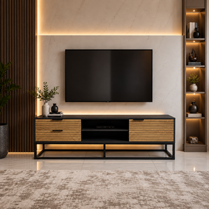طاولة تلفزيون، 50×160×40 سم، خشب MDF، إطار معدن، أدراج - بيج خشبي فاتح product image