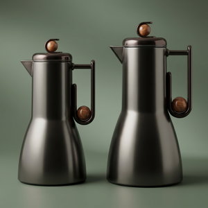 Al Saif Gallery Al-Adhariya Thermos Set, 0.7/1 Liter, 2 Pieces, Glass Inner Container, Stainless Steel Outer Body, Push Button - Glossy Black Dark Wood product image