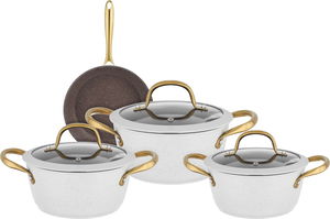 طقم قدور جرانيت بغطاء زجاج ويد ذهبي روكي، 7 قطع - بيج product image