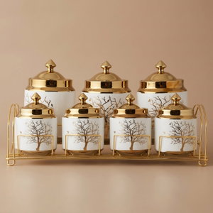 Al Saif Gallery porcelain spice box set, wooded, with golden stand, 8 pieces - white product image