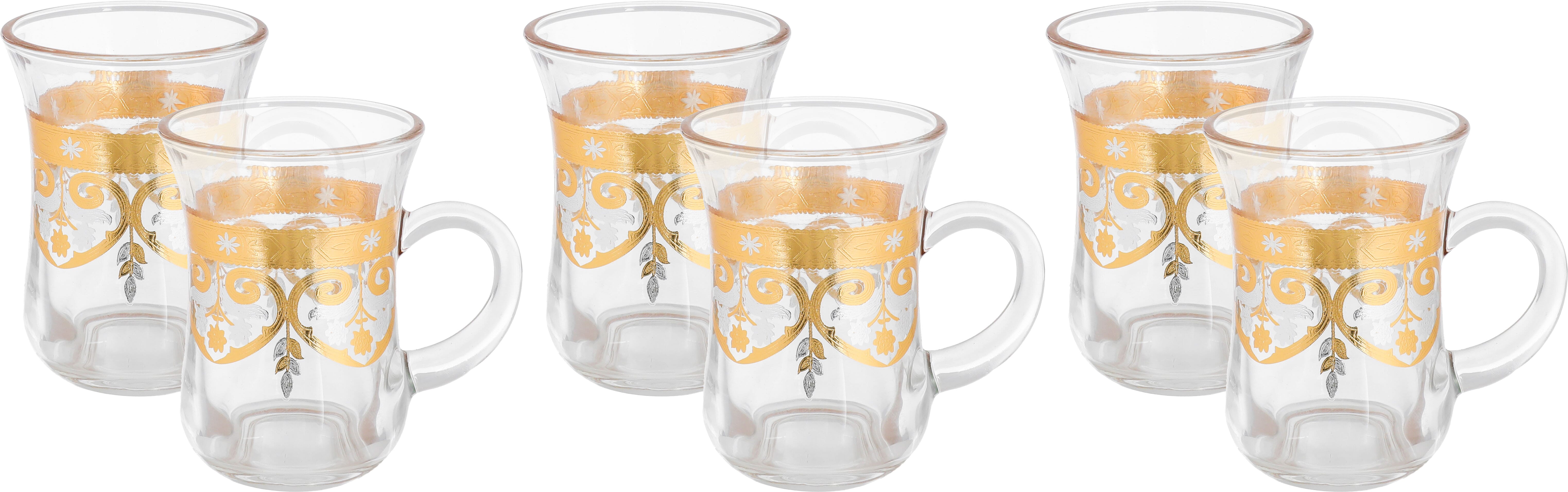 طقم بيالات شاي زجاج ماكس جلاس، نقش ذهبي بفضي، 6 قطع - شفاف product image