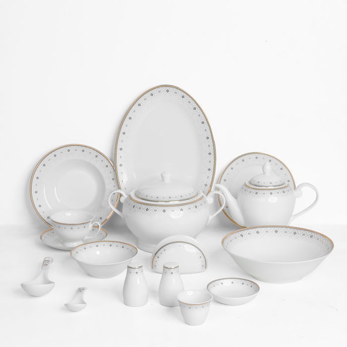 طقم سفرة بورسلان بحواف ذهبي السيف غاليري، 65 قطعة، دائري - أبيض product image 1