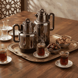 Al Saif Gallery Ronaq Thermos Set, 21 Pieces, 1/0.5 Liter, Teas with Saucers, Coffee Cups, Tray, Wooden Handle - Black product image 2