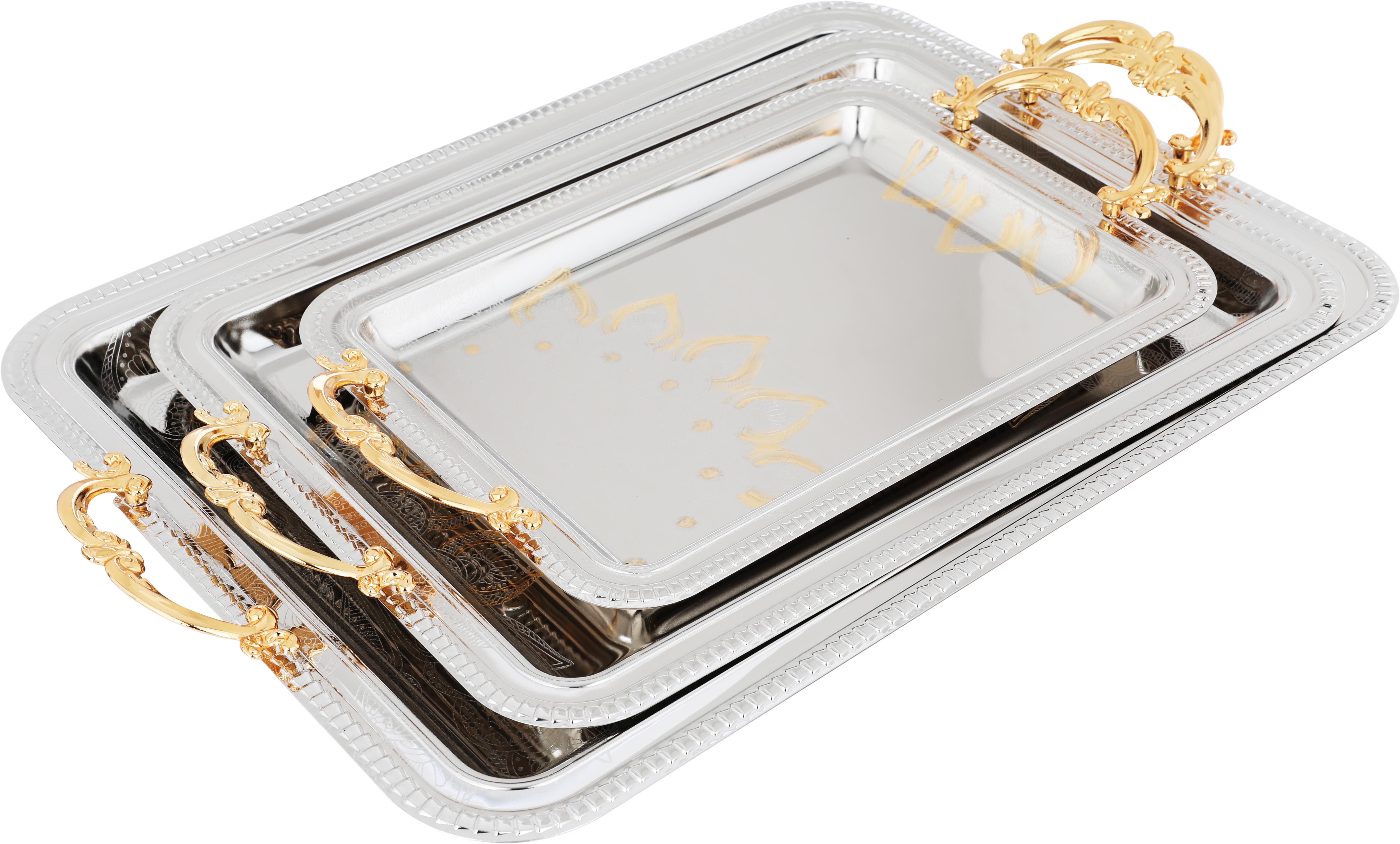Al Saif Gallery steel topper set, 51x38x2.7 / 44x32x2.7 / 35x25x2.7 cm, gold handle, 3 pieces - silver product image