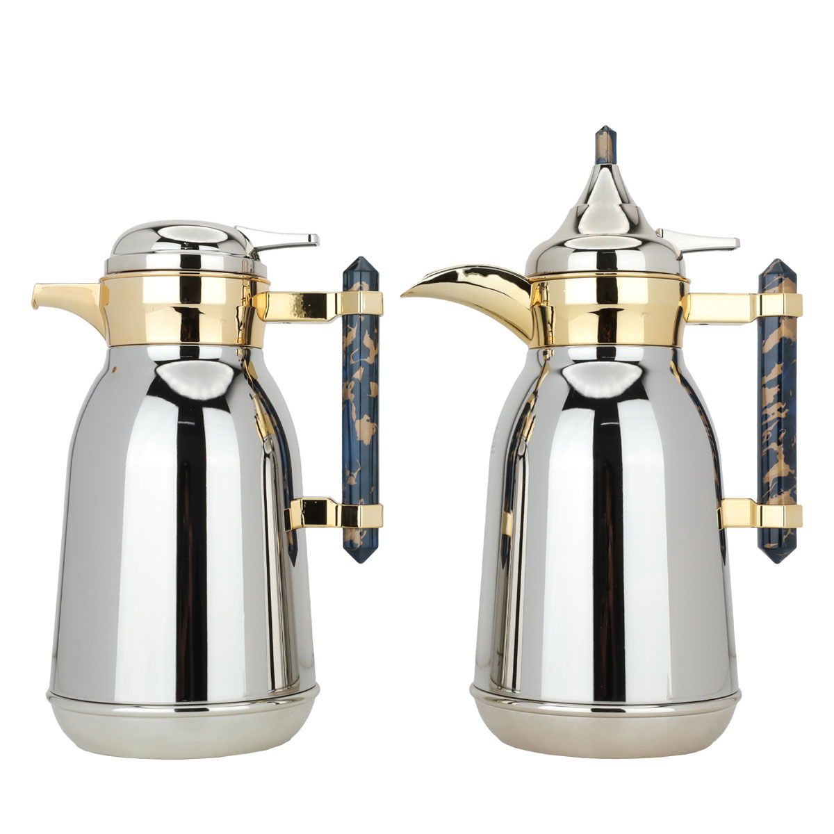 Al Saif Gallery stainless steel thermos set, 1 liter, navy marble handle, 2 pieces - silver product image