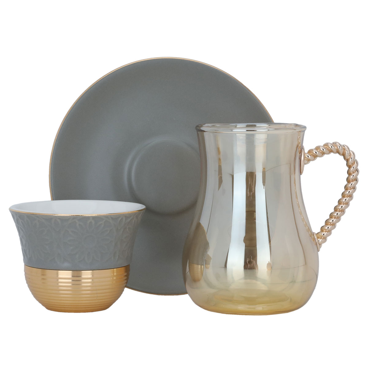 طقم ترامس زجاج وفناجين قهوة وبيالات شاي بورسلان السيف غاليري، 52 قطعة - رمادي ذهبي product image 2