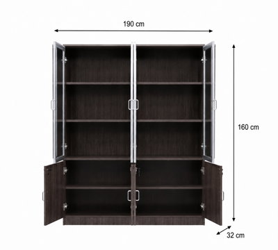 OW-110 MDF wood storage and display cabinet, 190×160×32 cm, 4 glass top doors, 4 wooden bottom doors, internal shelves - Wood Gray product image 3
