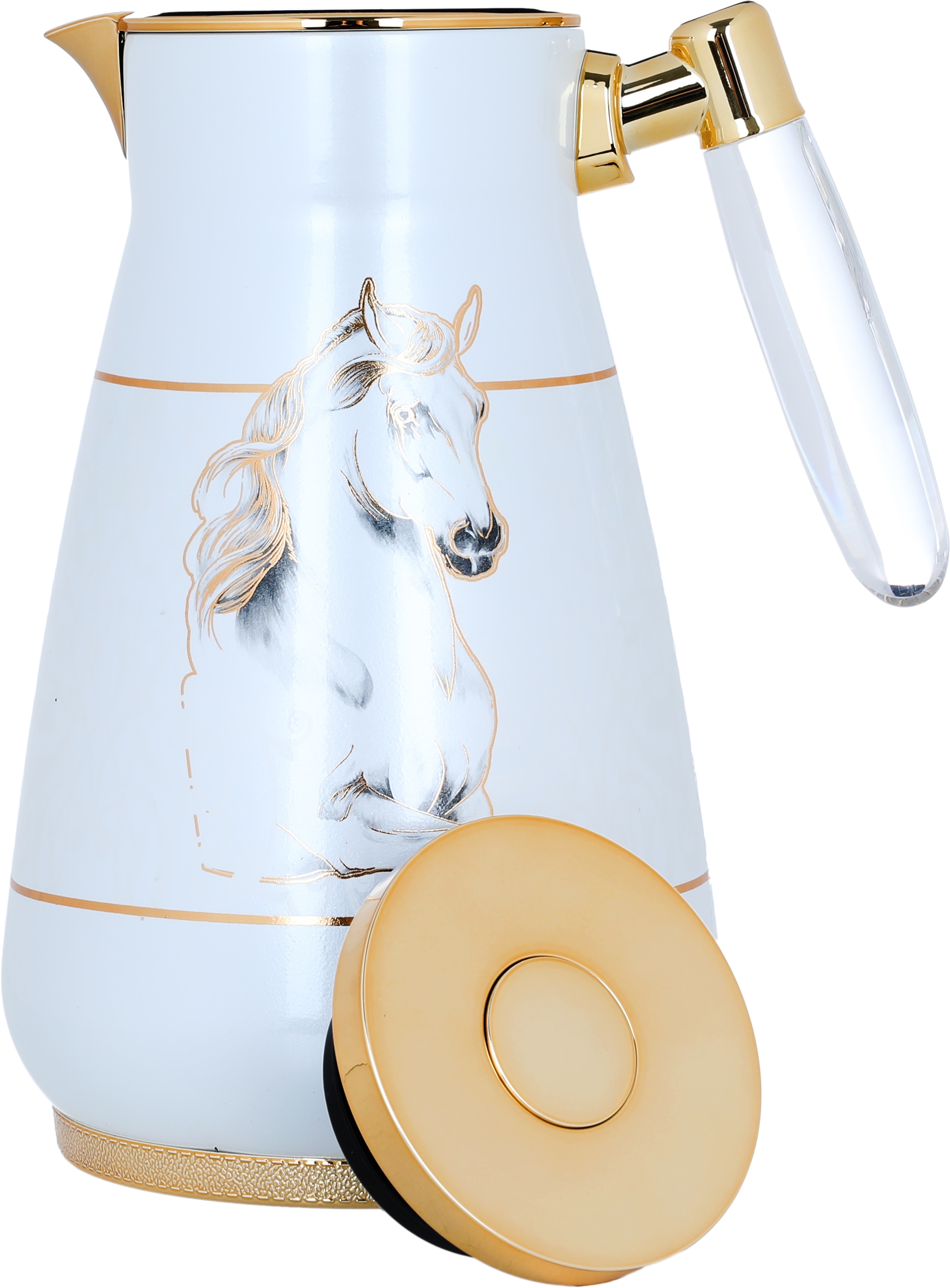Al Saif Gallery Jiyad thermos set, two pieces, 1/0.75 liter, horse pattern, thermal glass inner case, steel outer shell - cream product image 3