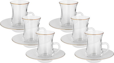 Al Saif Gallery glass tea set with porcelain plate, 12 pieces, gold line - transparent and white product image 1