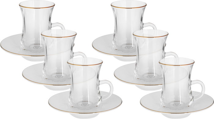 Al Saif Gallery glass tea set with porcelain plate, 12 pieces, gold line - transparent and white product image 1