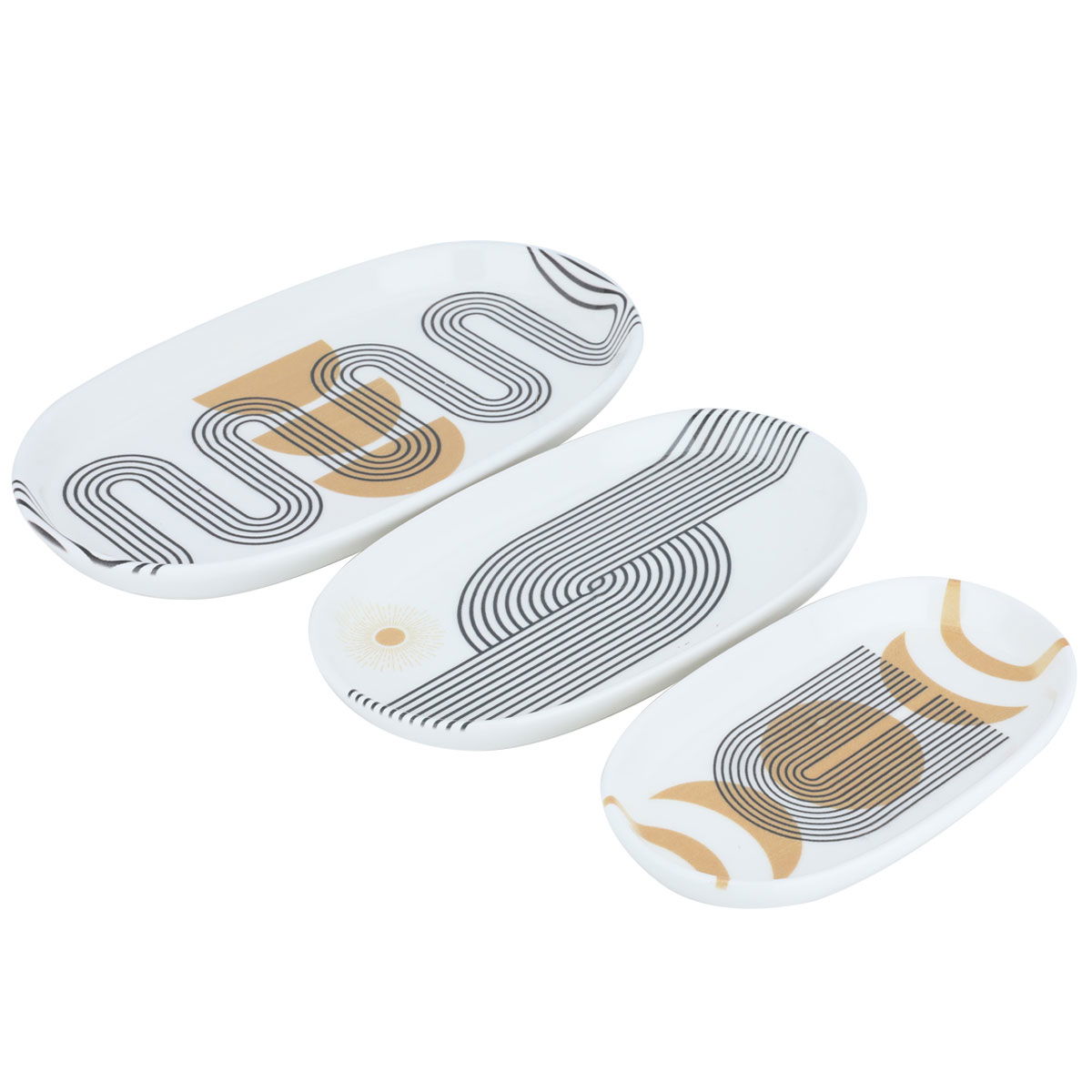 Al Saif Gallery Porcelain Serving Plates Set, 10 x 14.5 x 17 cm, Sun Pattern Oval, 3 Pieces - White product image 2