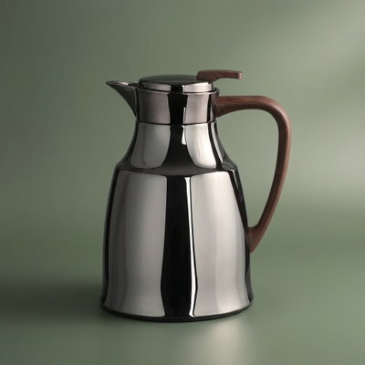 Al Saif GalleryAl-Diriyah Thermos, 0.5 Liter, Glass Inner Container, Stainless Steel Outer Body, Self-Service, Push-Button - Glossy Black Dark Wood product image 1