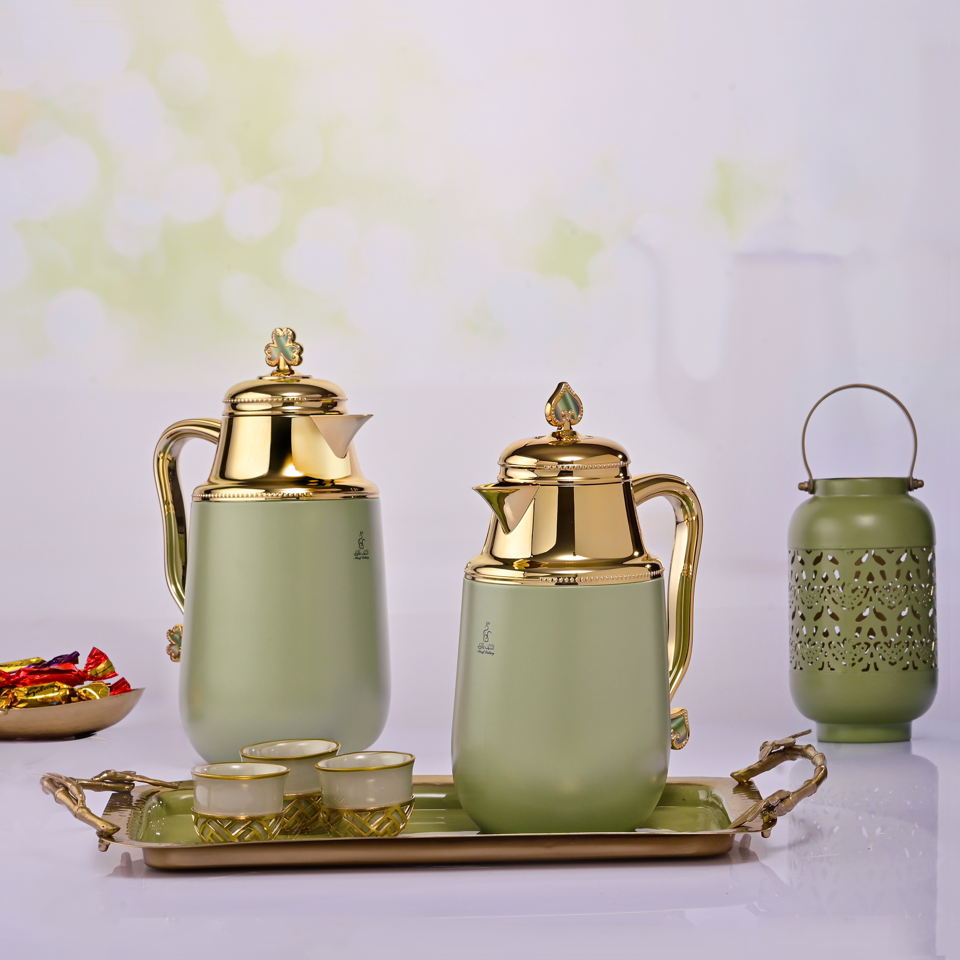 Al Saif Gallery Fatima thermos set, 1/0.7 liter, two pieces, thermal glass inner container, steel outer shell - light green product image 11