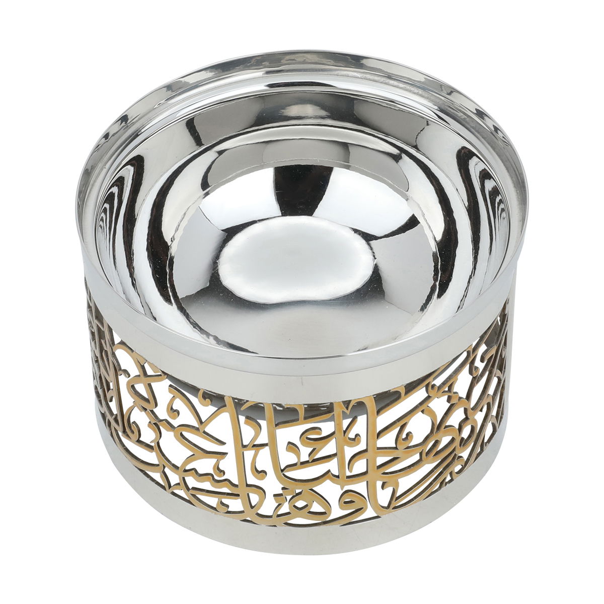 صحن تقديم انديا استيل السيف غاليري، 10×10×6 سم، دائري، نقش عربي بذهبي، صغير - فضي product image