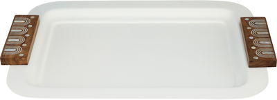 Al Saif Gallery stainless steel serving tray, 37x28x2.5 cm, wooden handle, rectangular - off-white wood product image 1