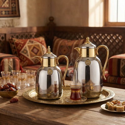 Lalooza Bran Thermos Set, 0.7/1 Liter, Glass Interior, Push-Button Lid - Shiny Silver Gold product image 2