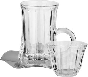 Glass cup and saucer serving set, 36 pieces, stainless steel saucers, 12 cm - clear silver product image